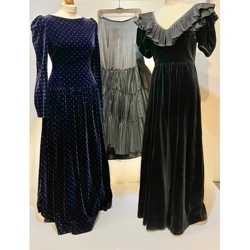 30 - Two 1980's ball dresses, to include black GINA FRATINI cotton velvet, with large frill neckline, a G... 