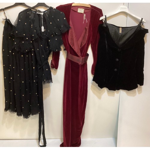 105 - A Burgundy velvet dress with silk collar and belt, labelled JANICE WAINWRIGHT condition: slight wear... 