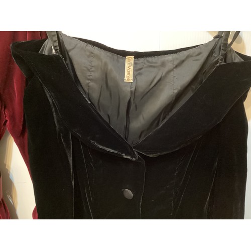 105 - A Burgundy velvet dress with silk collar and belt, labelled JANICE WAINWRIGHT condition: slight wear... 