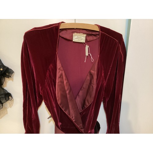 105 - A Burgundy velvet dress with silk collar and belt, labelled JANICE WAINWRIGHT condition: slight wear... 