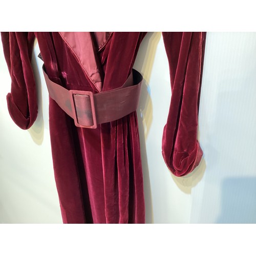 105 - A Burgundy velvet dress with silk collar and belt, labelled JANICE WAINWRIGHT condition: slight wear... 