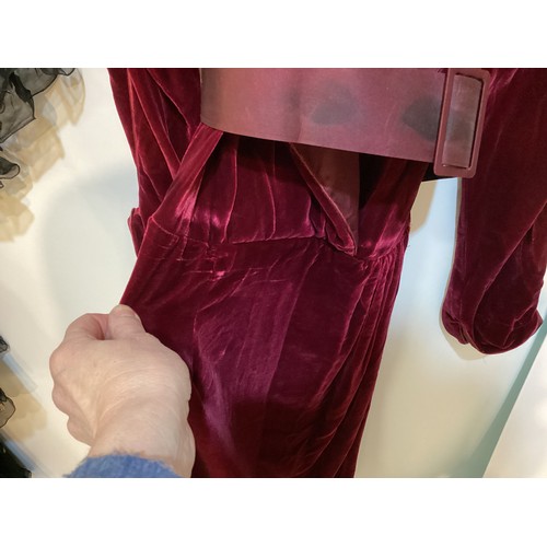 105 - A Burgundy velvet dress with silk collar and belt, labelled JANICE WAINWRIGHT condition: slight wear... 