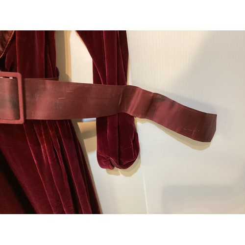 105 - A Burgundy velvet dress with silk collar and belt, labelled JANICE WAINWRIGHT condition: slight wear... 