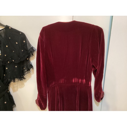 105 - A Burgundy velvet dress with silk collar and belt, labelled JANICE WAINWRIGHT condition: slight wear... 