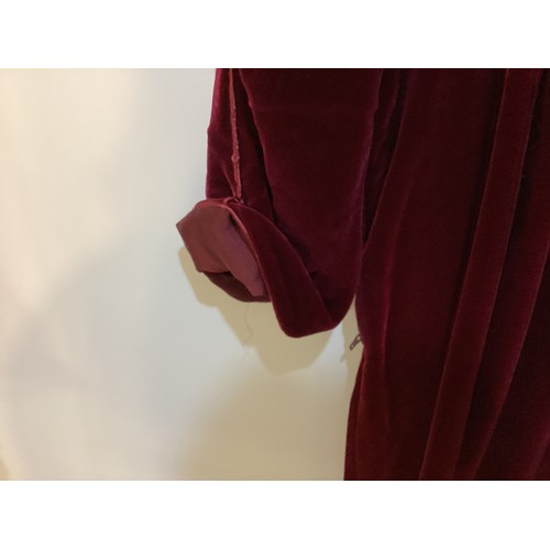 105 - A Burgundy velvet dress with silk collar and belt, labelled JANICE WAINWRIGHT condition: slight wear... 