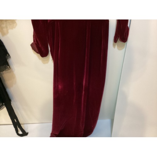 105 - A Burgundy velvet dress with silk collar and belt, labelled JANICE WAINWRIGHT condition: slight wear... 