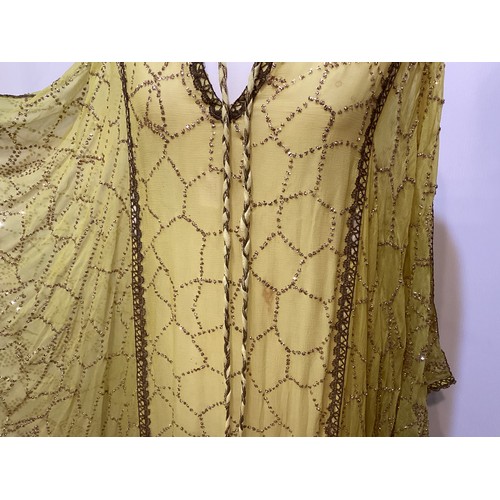 107 - THEO PORTER 1970's yellow kaftan dress with all over beading and tie belt, labelled Theo Porter Cout... 