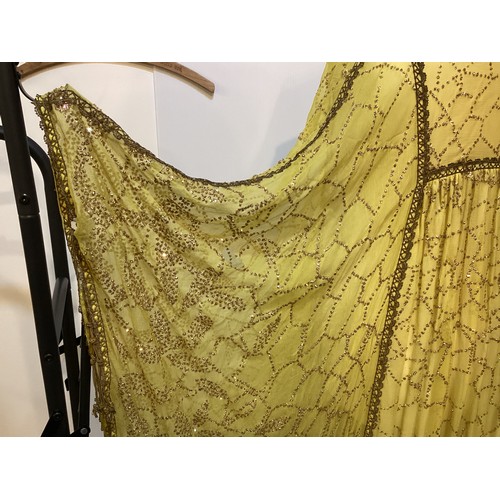 107 - THEO PORTER 1970's yellow kaftan dress with all over beading and tie belt, labelled Theo Porter Cout... 