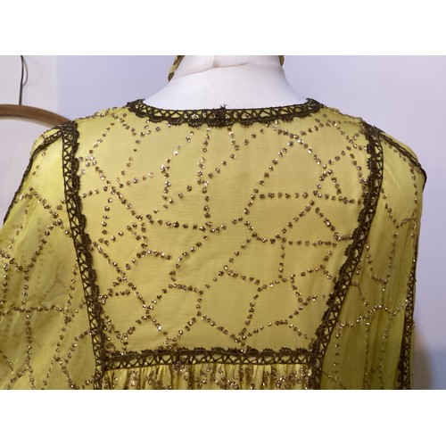 107 - THEO PORTER 1970's yellow kaftan dress with all over beading and tie belt, labelled Theo Porter Cout... 