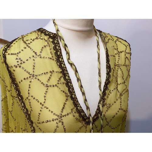 107 - THEO PORTER 1970's yellow kaftan dress with all over beading and tie belt, labelled Theo Porter Cout... 