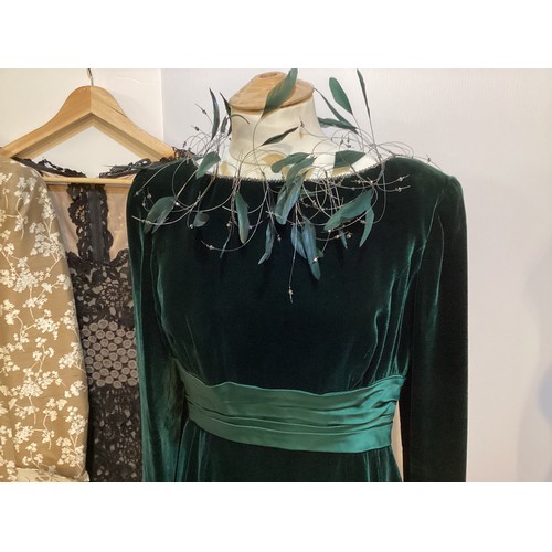 111 - ULRICH ENGLER green velvet long dress with silk pleated band to waist and feather and bead trim to c... 