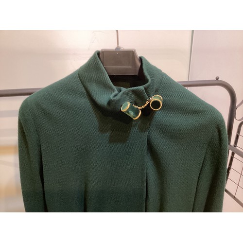 113 - VICTOR EDELSTEIN green dress with peplum, toggle fastening at collar and cuffs. OSCAR DE LA RENTA bl... 