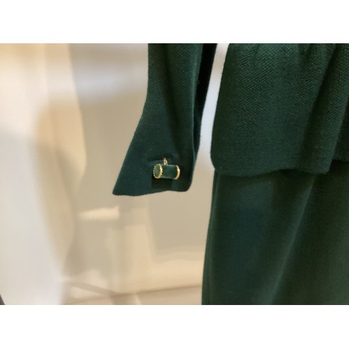 113 - VICTOR EDELSTEIN green dress with peplum, toggle fastening at collar and cuffs. OSCAR DE LA RENTA bl... 