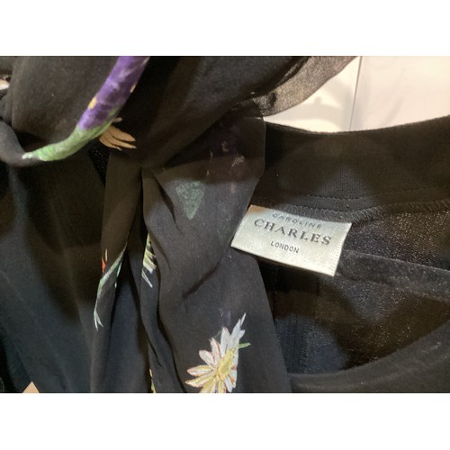 114 - CAROLINE CHARLES burgundy and black velvet jacket 14. CAROLINE CHARLES black top 10 and floral silk ... 