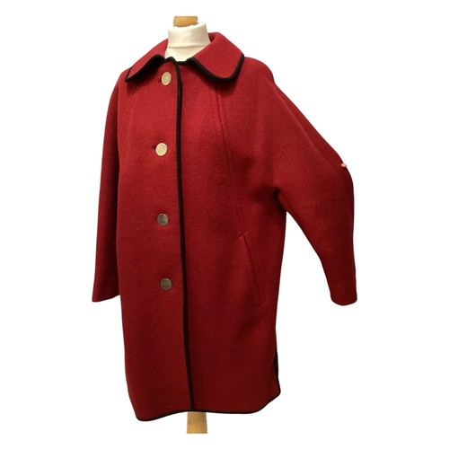 121 - Red wool with black edge traditional Austrian Style coat, BOOS, size 42 with coin style buttons, and... 