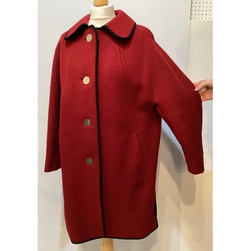 121 - Red wool with black edge traditional Austrian Style coat, BOOS, size 42 with coin style buttons, and... 