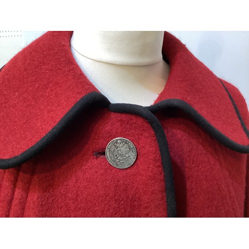 121 - Red wool with black edge traditional Austrian Style coat, BOOS, size 42 with coin style buttons, and... 