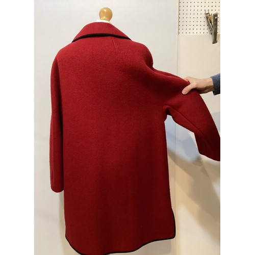 121 - Red wool with black edge traditional Austrian Style coat, BOOS, size 42 with coin style buttons, and... 