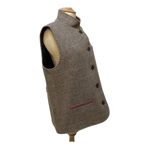 123 - Peter James,  Harris Tweed gilet with Nero collar and purple trim to collar, pockets, 100% wool made... 