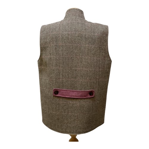 123 - Peter James,  Harris Tweed gilet with Nero collar and purple trim to collar, pockets, 100% wool made... 