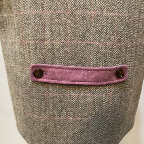 123 - Peter James,  Harris Tweed gilet with Nero collar and purple trim to collar, pockets, 100% wool made... 