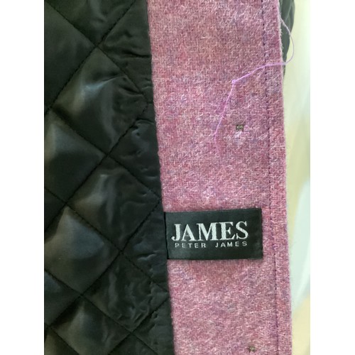 123 - Peter James,  Harris Tweed gilet with Nero collar and purple trim to collar, pockets, 100% wool made... 