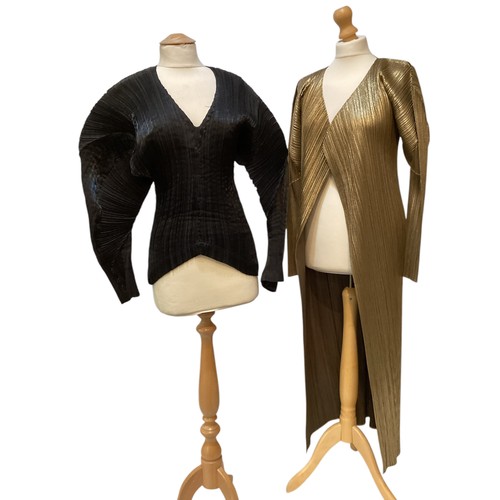 153 - ISSEY MIYAKE a black pleated top, ISSEY MIYAKE PLEATS PLEASE gold long cardigan coat, MASHIAH pleate... 