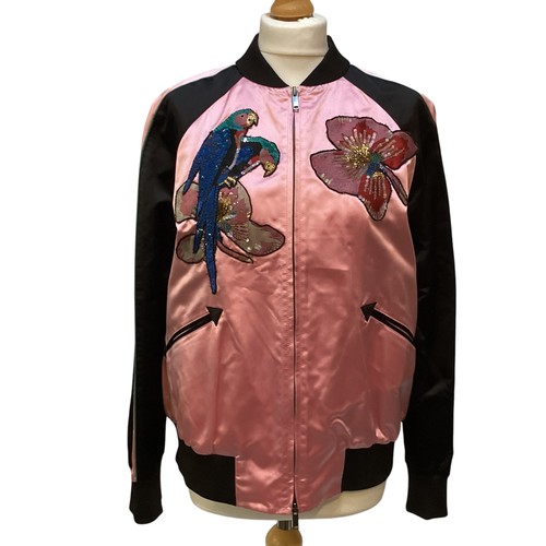 155 - VALENTINO pink silk and black bomber jacket with floral and parrot appliques to front and back size ... 