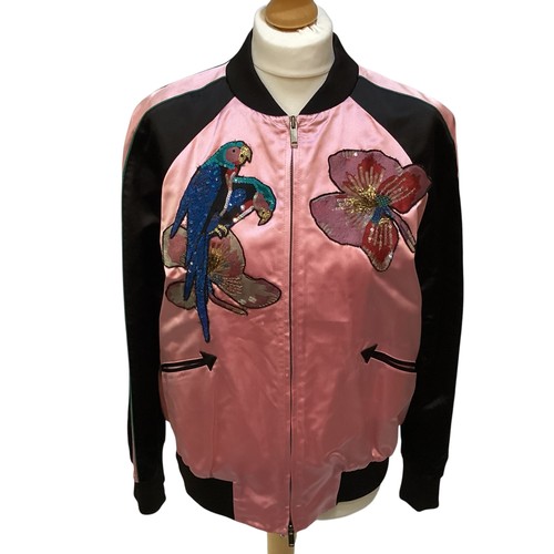 155 - VALENTINO pink silk and black bomber jacket with floral and parrot appliques to front and back size ... 