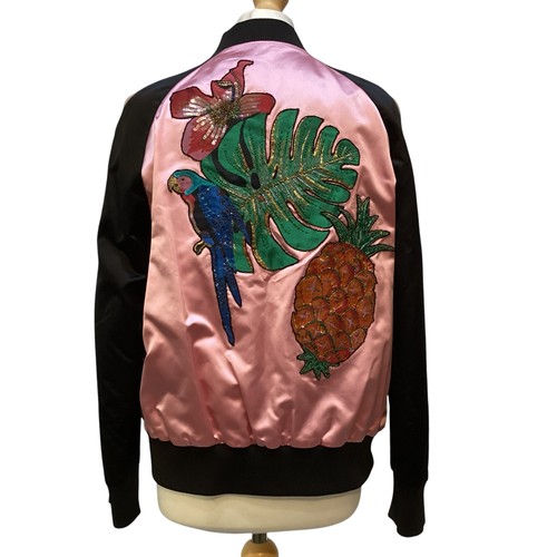 155 - VALENTINO pink silk and black bomber jacket with floral and parrot appliques to front and back size ... 