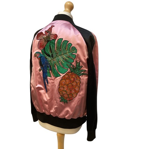 155 - VALENTINO pink silk and black bomber jacket with floral and parrot appliques to front and back size ... 