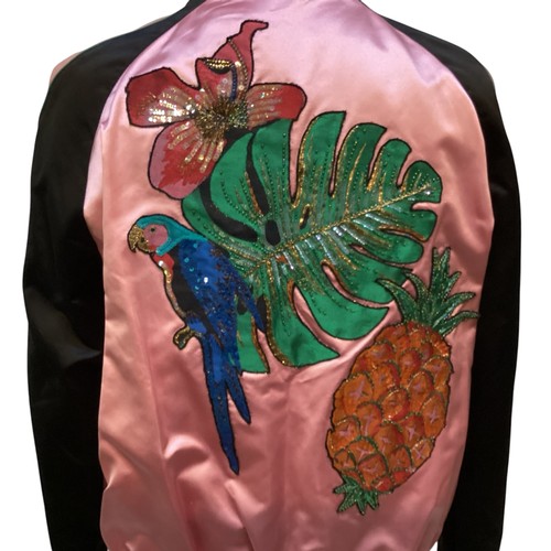 155 - VALENTINO pink silk and black bomber jacket with floral and parrot appliques to front and back size ... 