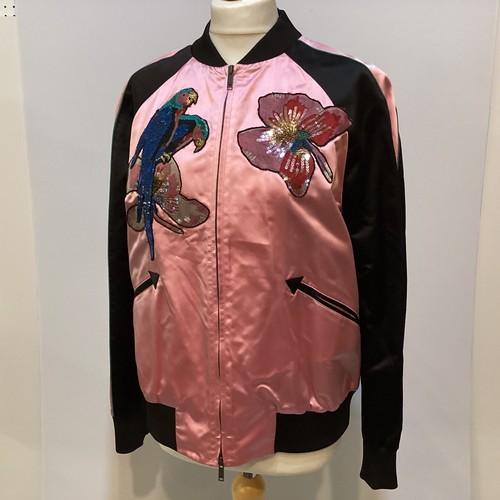 155 - VALENTINO pink silk and black bomber jacket with floral and parrot appliques to front and back size ... 