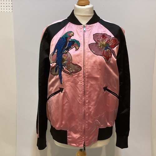 155 - VALENTINO pink silk and black bomber jacket with floral and parrot appliques to front and back size ... 