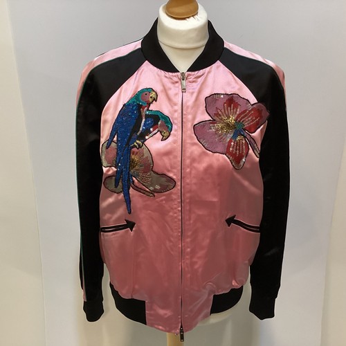 155 - VALENTINO pink silk and black bomber jacket with floral and parrot appliques to front and back size ... 