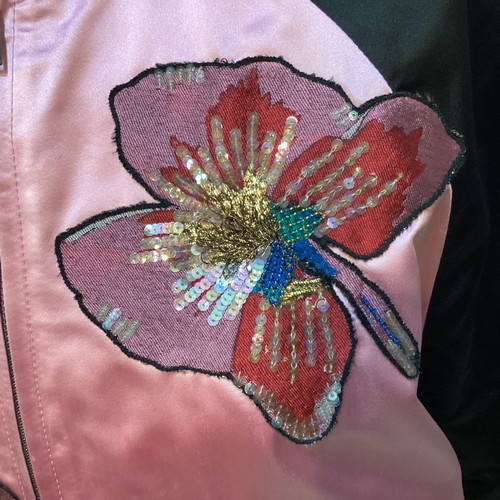 155 - VALENTINO pink silk and black bomber jacket with floral and parrot appliques to front and back size ... 