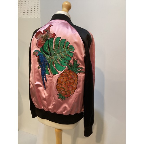 155 - VALENTINO pink silk and black bomber jacket with floral and parrot appliques to front and back size ... 