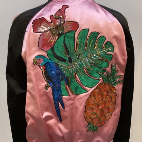 155 - VALENTINO pink silk and black bomber jacket with floral and parrot appliques to front and back size ... 