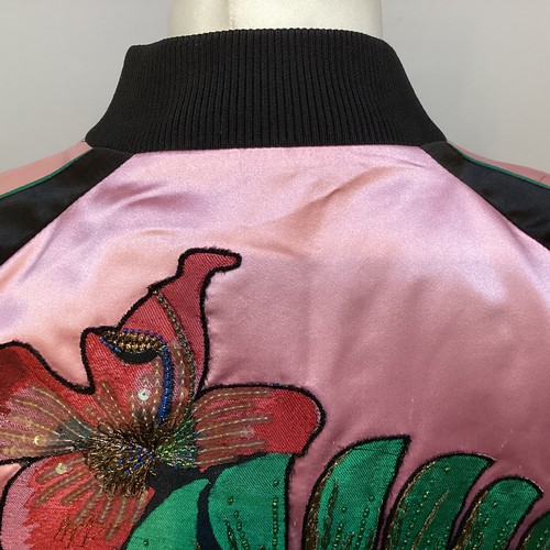 155 - VALENTINO pink silk and black bomber jacket with floral and parrot appliques to front and back size ... 