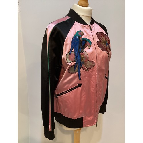 155 - VALENTINO pink silk and black bomber jacket with floral and parrot appliques to front and back size ... 