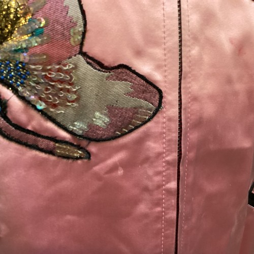 155 - VALENTINO pink silk and black bomber jacket with floral and parrot appliques to front and back size ... 