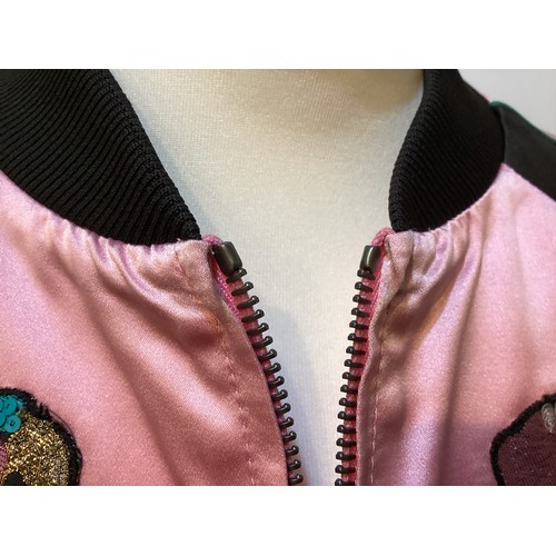 155 - VALENTINO pink silk and black bomber jacket with floral and parrot appliques to front and back size ... 