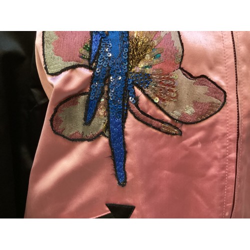 155 - VALENTINO pink silk and black bomber jacket with floral and parrot appliques to front and back size ... 