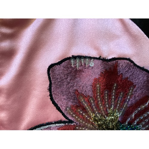 155 - VALENTINO pink silk and black bomber jacket with floral and parrot appliques to front and back size ... 