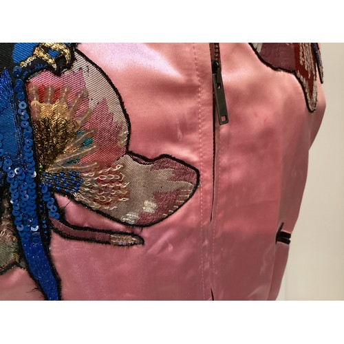 155 - VALENTINO pink silk and black bomber jacket with floral and parrot appliques to front and back size ... 