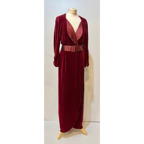 105 - A Burgundy velvet dress with silk collar and belt, labelled JANICE WAINWRIGHT condition: slight wear... 