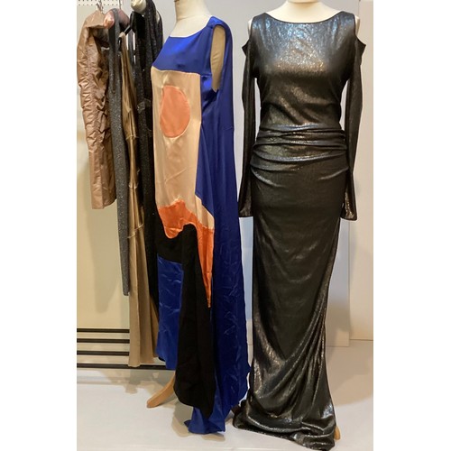 157 - A quantity of clothes to include ROKSANDA blue long silk dress with black and peach pattern, and KRI... 