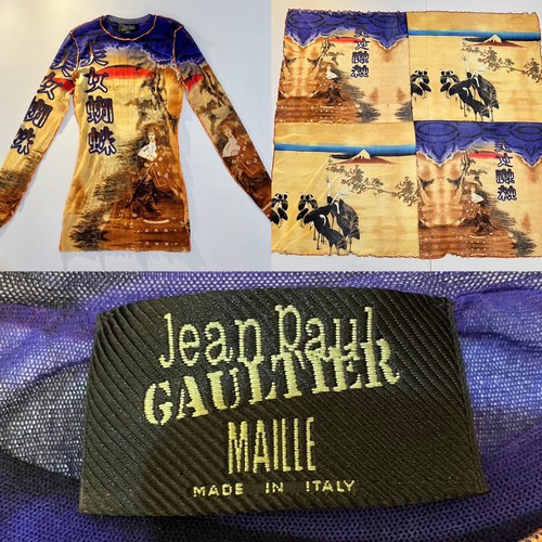 160 - JEAN PAUL GAULTIER MAILLE Japanese print on mesh -  top and wrap, and JPG Soleil trousers with Portr... 