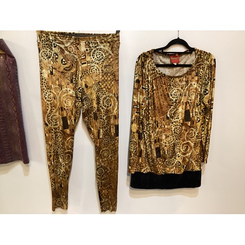 161 - A quantity of clothes to include A DONNA KAREN gold sequin and black top, a DOLCE & GABBANA animal p... 