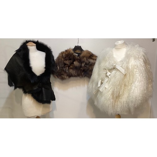 171 - A goat hair style cream wrap cape, EMPORIO ARMANI short fur stole, KARL DONOGHUE black leather and f... 